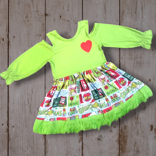 Girls Mean Green Christmas Dress with Fur Trim | Grinchmas Holiday Boutique Dress | Long Sleeve Green Christmas Dress
