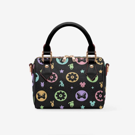 Magical Character Print Satchel Bag | Colorful Fantasy Character Handbag | Black Crossbody Purse | Whimsical Icon Print Park Bag