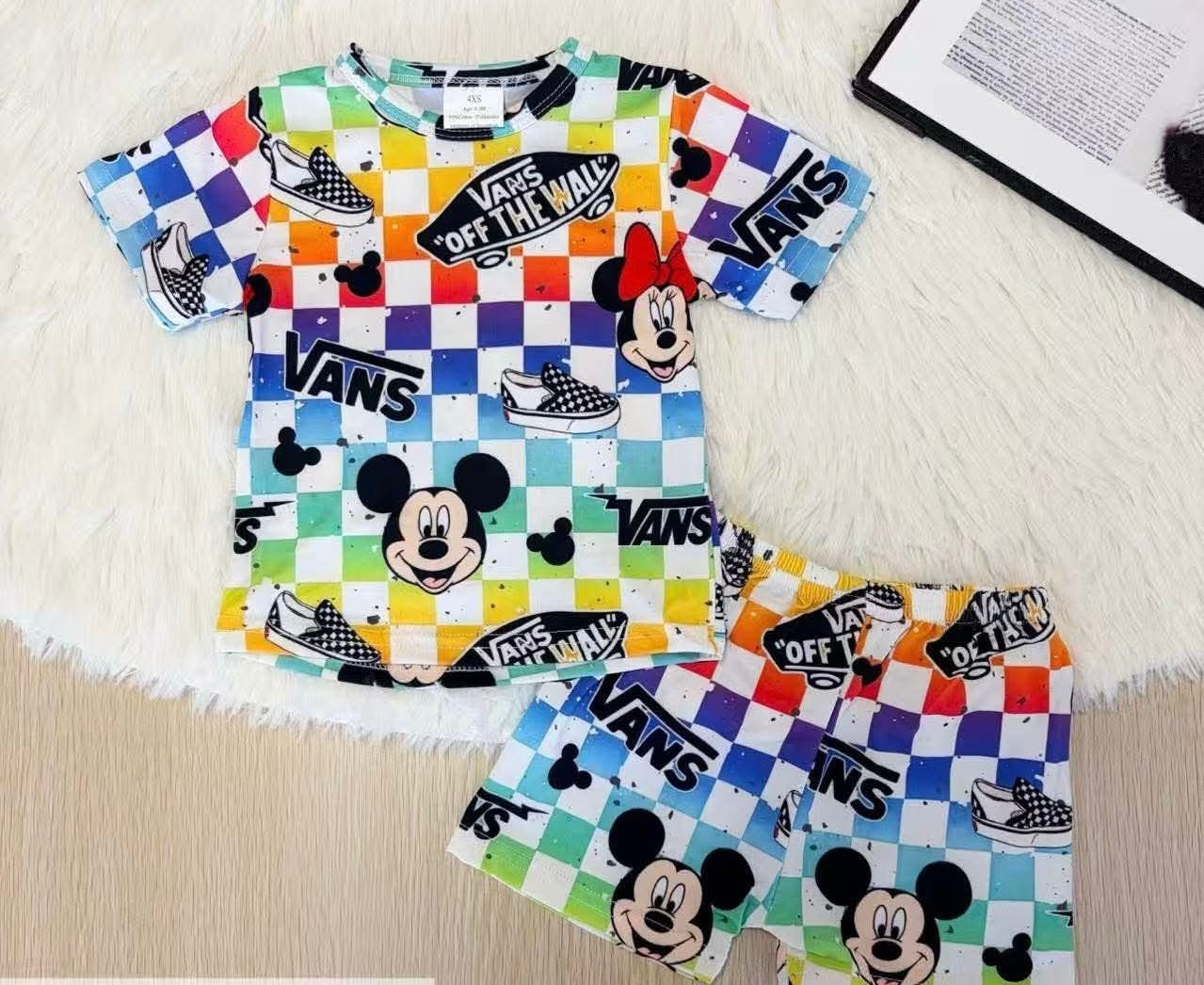 Vintage Mouse Checkered Lounge Set | Retro Character Shorts Set | Rainbow Checker Matching Set | Kids Summer Outfit