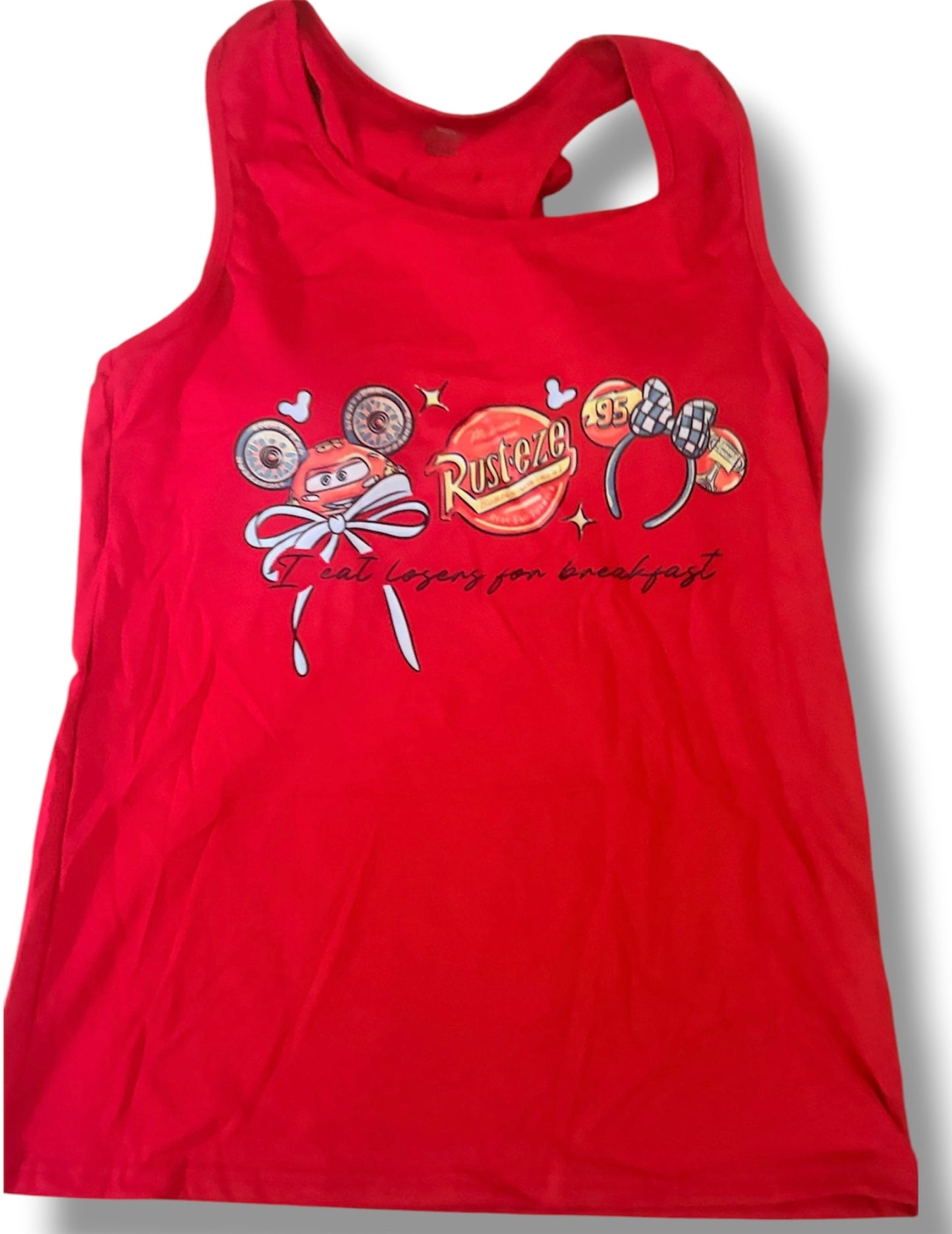 Red Racing Car Bow Back Tank Top | Built-In Support | Cars-Inspired Graphic Racer Tank | Park Outfit | Cute Summer Tank Top