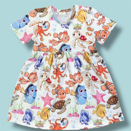 Nemo & Ocean Friends Girls Dress | Under the Sea Character Dress | Toddler Girl Twirl Dress | Beach Vacation Outfit | Summer Boutique Dress