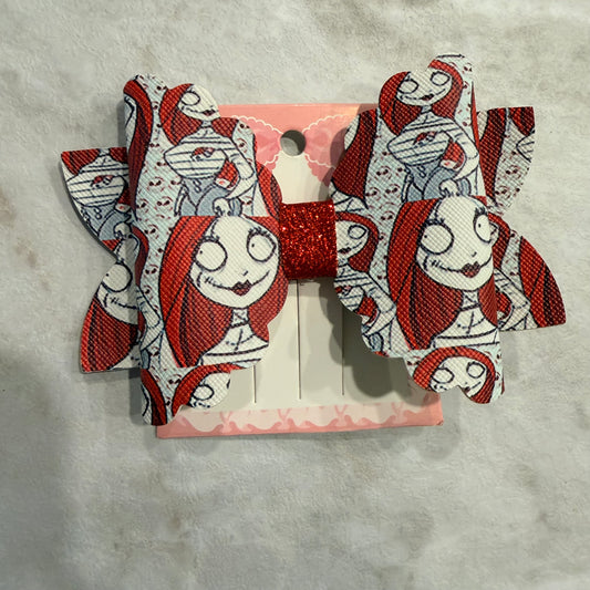 4” Sally Hair Bow | Red Glitter Nightmare-Inspired Character Hair Bow | Handmade Girls Bow