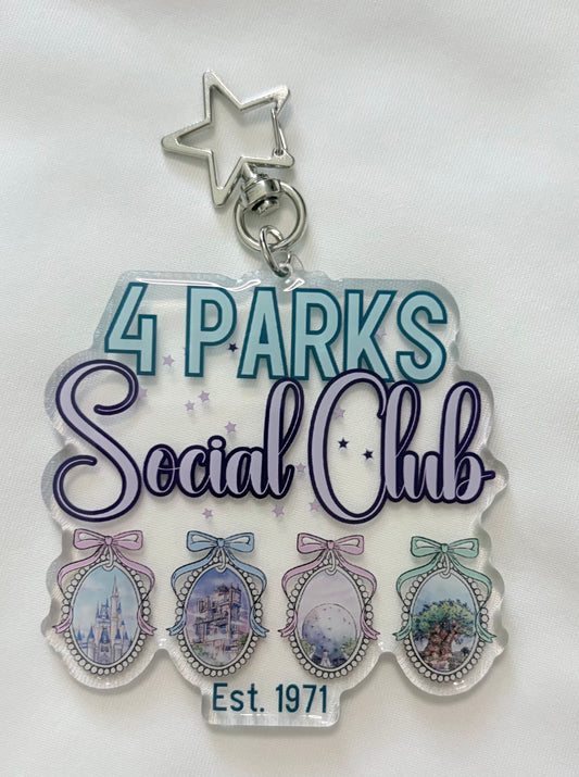 4 Parks Social Club Disney Parks Bag Charm | Theme Park Acrylic Keychain | Park Lover Accessory