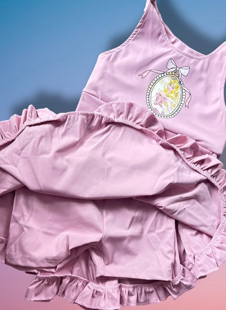 Sleeping Princess Girls Yoga Activewear Set – Pink Ruffle Skirt with Built-In Shorts & Crop Tank | Boutique Princess Outfit | Theme Park Outfit
