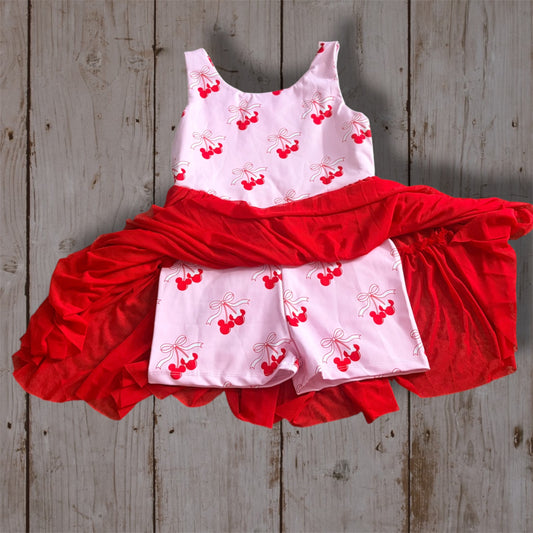 Girls Cherry Dress | Pink & Red Tulle Twirl Dress | Girls Christmas Party Outfit