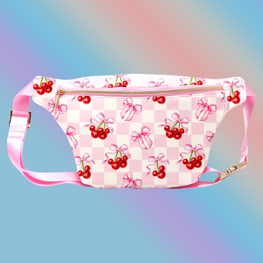 Cherry Mouse Belt Bag Pink Bow Crossbody Fanny Pack for Women & Girls | Cute Checkered Travel Bag, Festival & Theme Park Bag