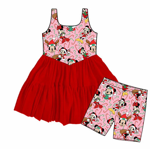 Preorder Christmas Mouse Friends Twirl Dress | Girls Holiday Boutique Dress | Family Matching Christmas Outfit | Pink Christmas Park Dress | Holiday Vacation Dress