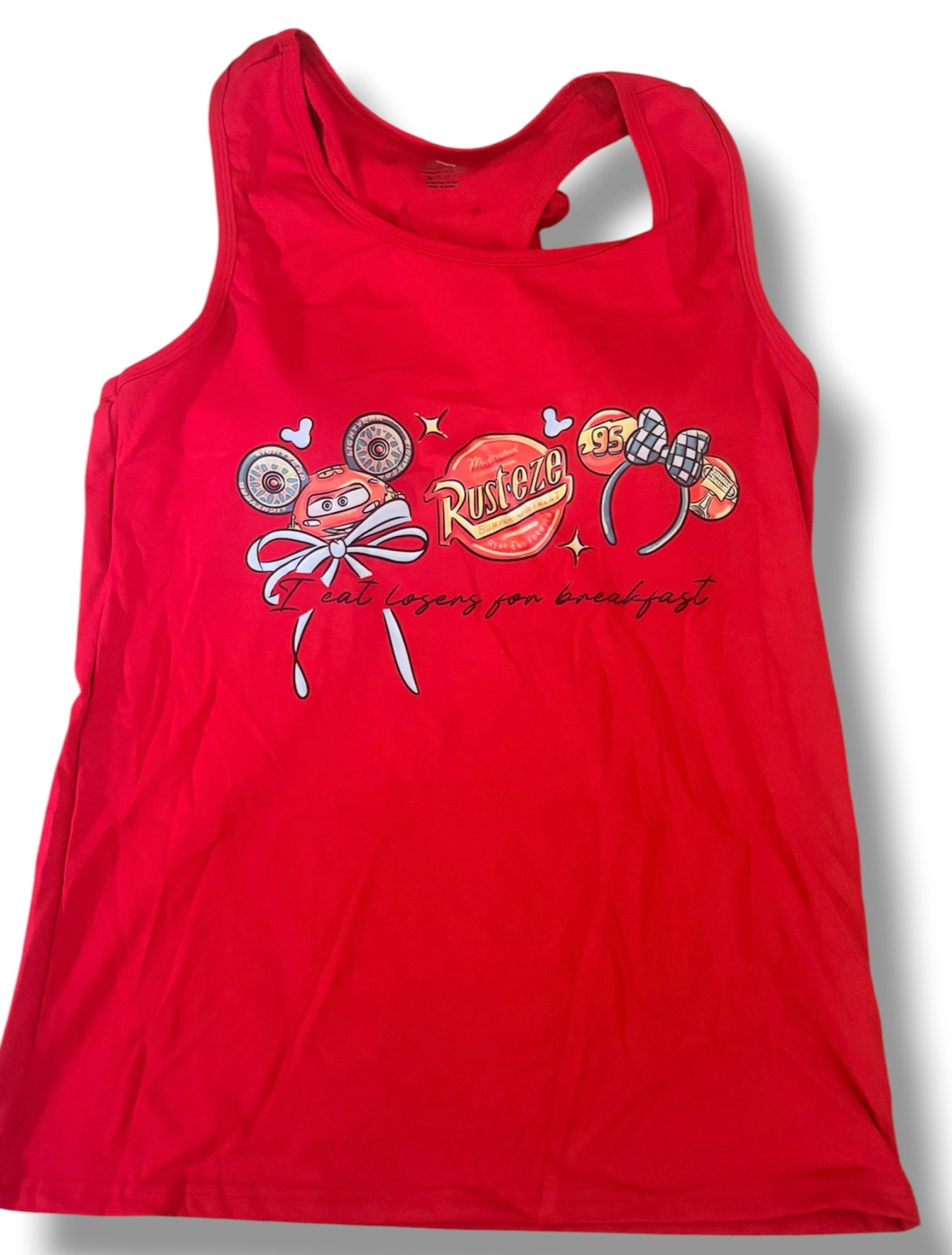 Red Racing Car Bow Back Tank Top | Built-In Support | Cars-Inspired Graphic Racer Tank | Park Outfit | Cute Summer Tank Top