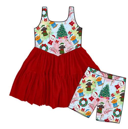 Christmas Cat Friends Twirl Dress with Detached Biker Shorts | Family Matching Holiday Boutique Outfit | Preorder