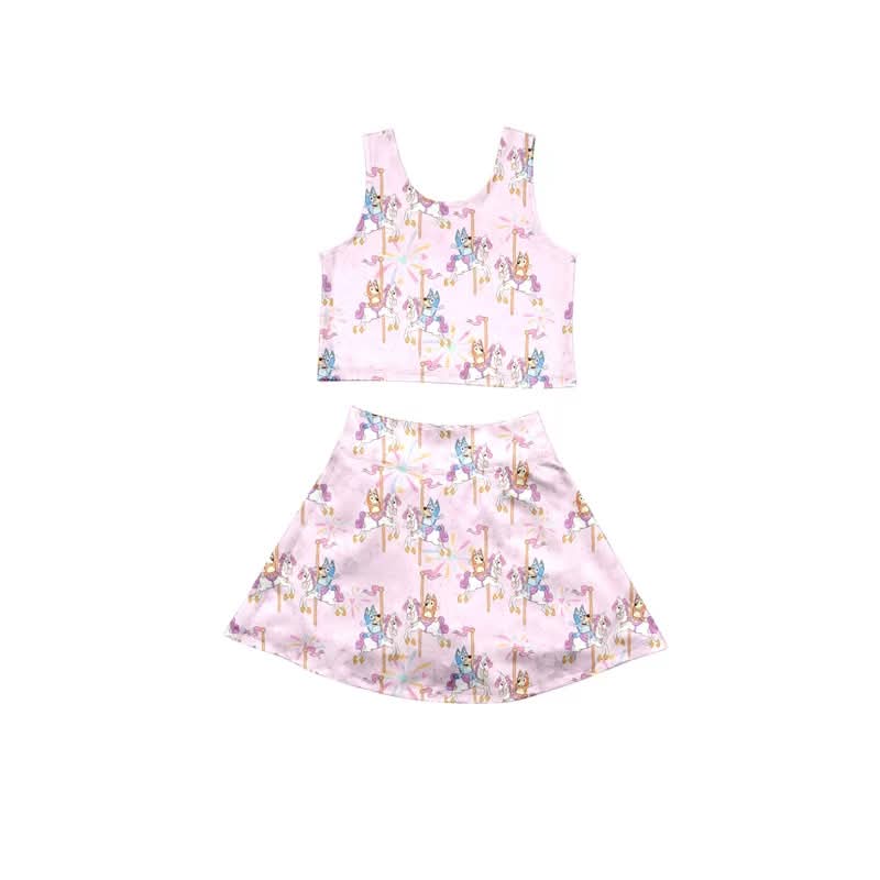 Pink Blue Dog and Sister Character Skirt Set | Girls’ Two Piece Tank Top & Flowy Skirt | Magical Park Outfit | Boutique Kids Clothing