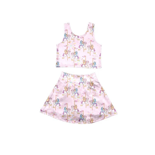 Pink Blue Dog and Sister Character Skirt Set | Girls’ Two Piece Tank Top & Flowy Skirt | Magical Park Outfit | Boutique Kids Clothing