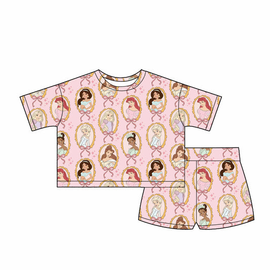 Women’s Princess Waffle Lounge Set | Pink Princess Portrait & Bow Print Short Sleeve Top and Shorts Set | Magical Lounge Wear