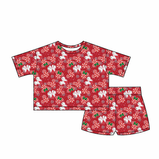Women’s & Girls Matching Christmas Peppermint Mouse Waffle Lounge Set | Holiday Candy Cane Print Top & Shorts | Mommy & Me Matching Set