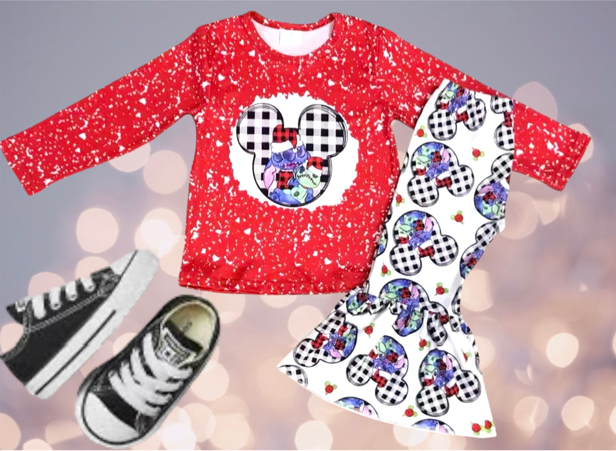 Stitch Alien Girls Bell Bottom Pants Set | Christmas Red Splatter Top & Buffalo Plaid Character Flares