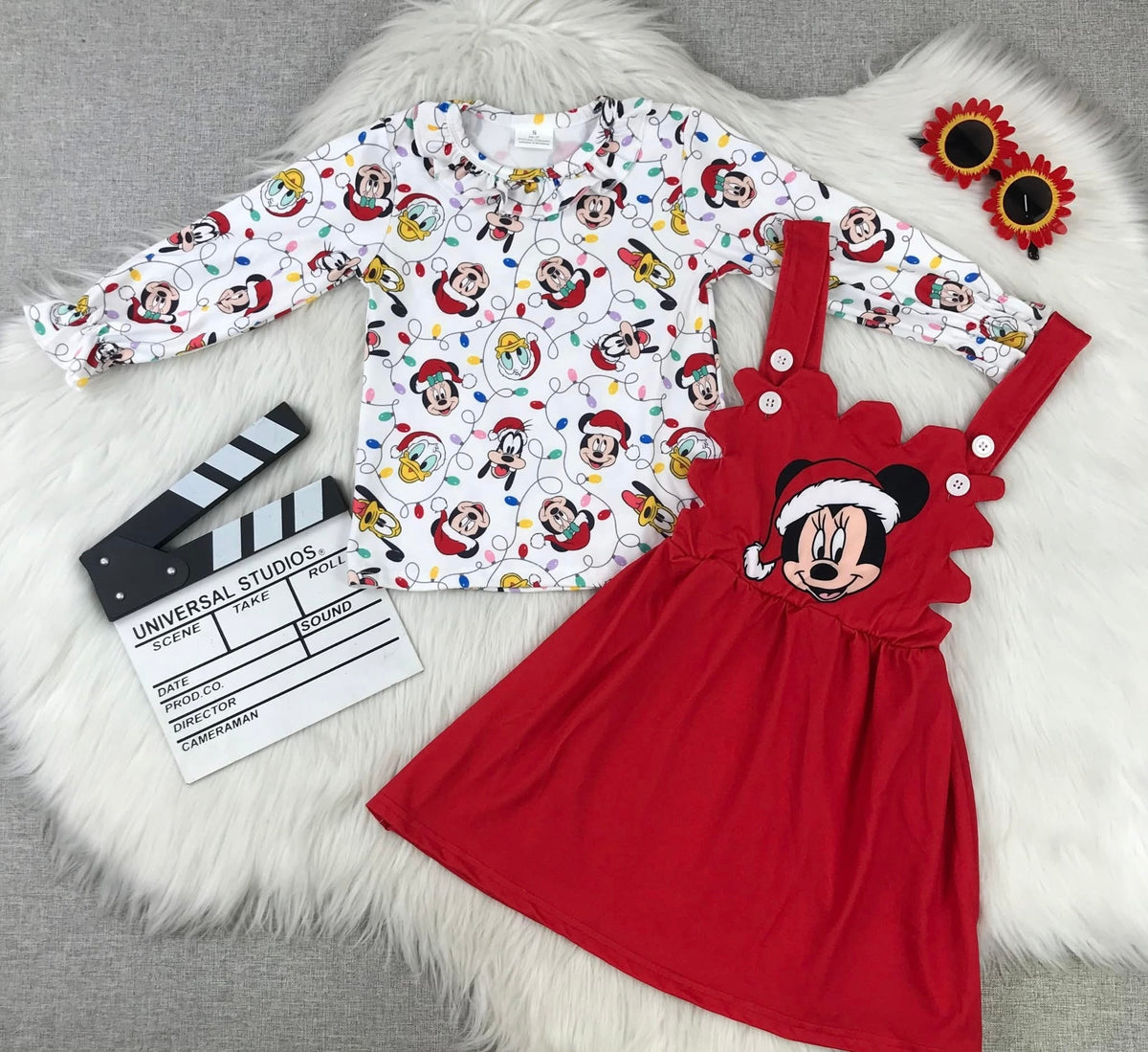 Girls Mouse Christmas Dress Set | Red Mickey Holiday Dress with Christmas Lights Top | Disney-Inspired Boutique Outfit