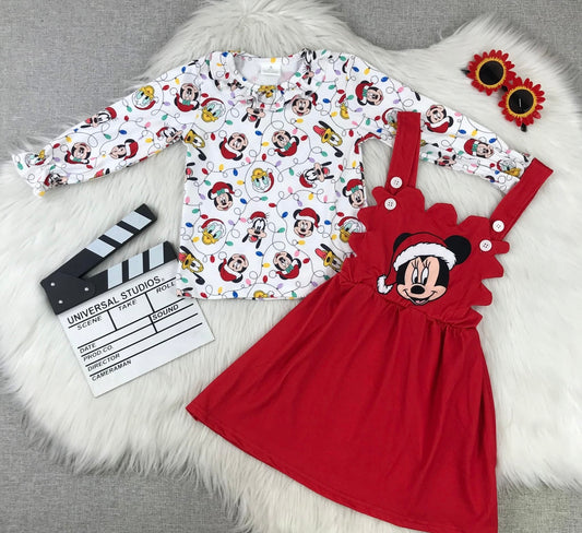 Girls Mouse Christmas Dress Set | Red Mickey Holiday Dress with Christmas Lights Top | Disney-Inspired Boutique Outfit