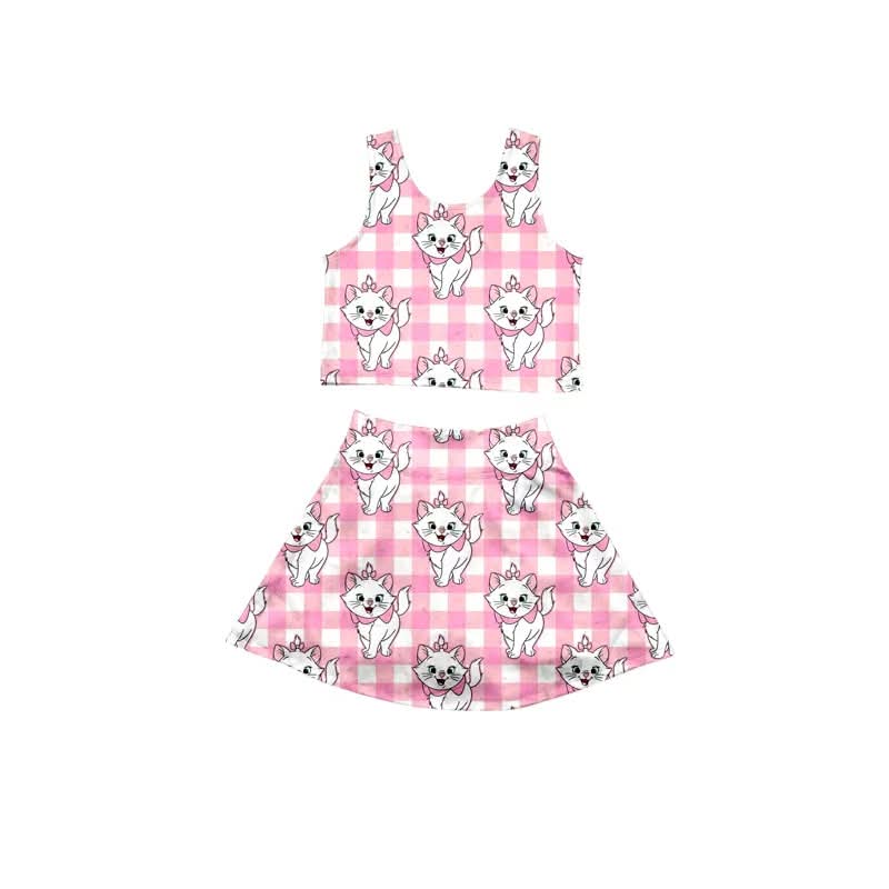 Pink Gingham Cat Girls’ Yoga Skirt Set | I’m A Lady| 2 Piece Activewear Outfit | Cute Kitty Tank Top & Flowy Skirt |