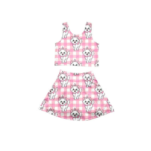 Pink Gingham Cat Girls’ Yoga Skirt Set | I’m A Lady| 2 Piece Activewear Outfit | Cute Kitty Tank Top & Flowy Skirt |