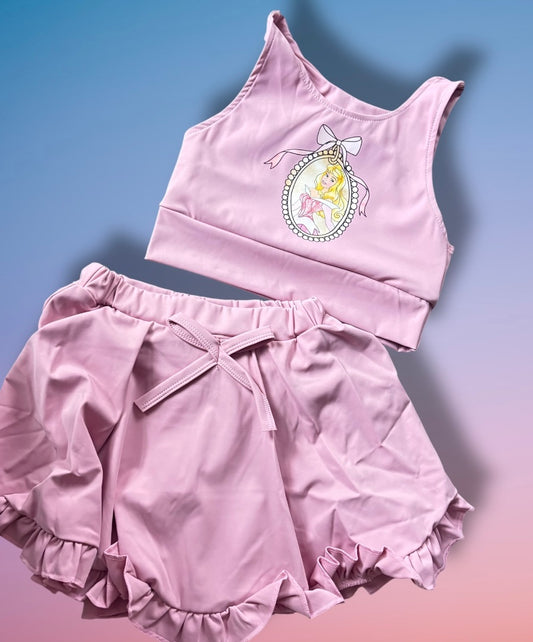 Sleeping Princess Girls Yoga Activewear Set – Pink Ruffle Skirt with Built-In Shorts & Crop Tank | Boutique Princess Outfit | Theme Park Outfit