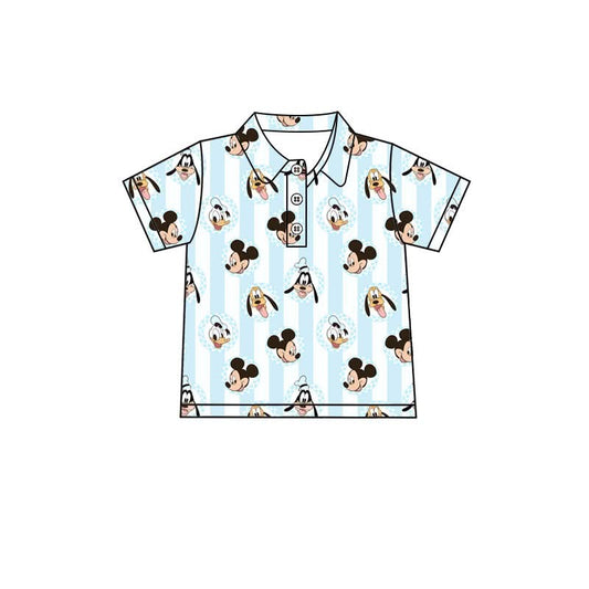 Magical Friends Polo Shirt for Boys | Mouse, Donald, Goofy & Pluto Collared Button Shirt | Park Outfit | Boutique Kids Clothing | Vacation Shirt | Blue Stripe Polo
