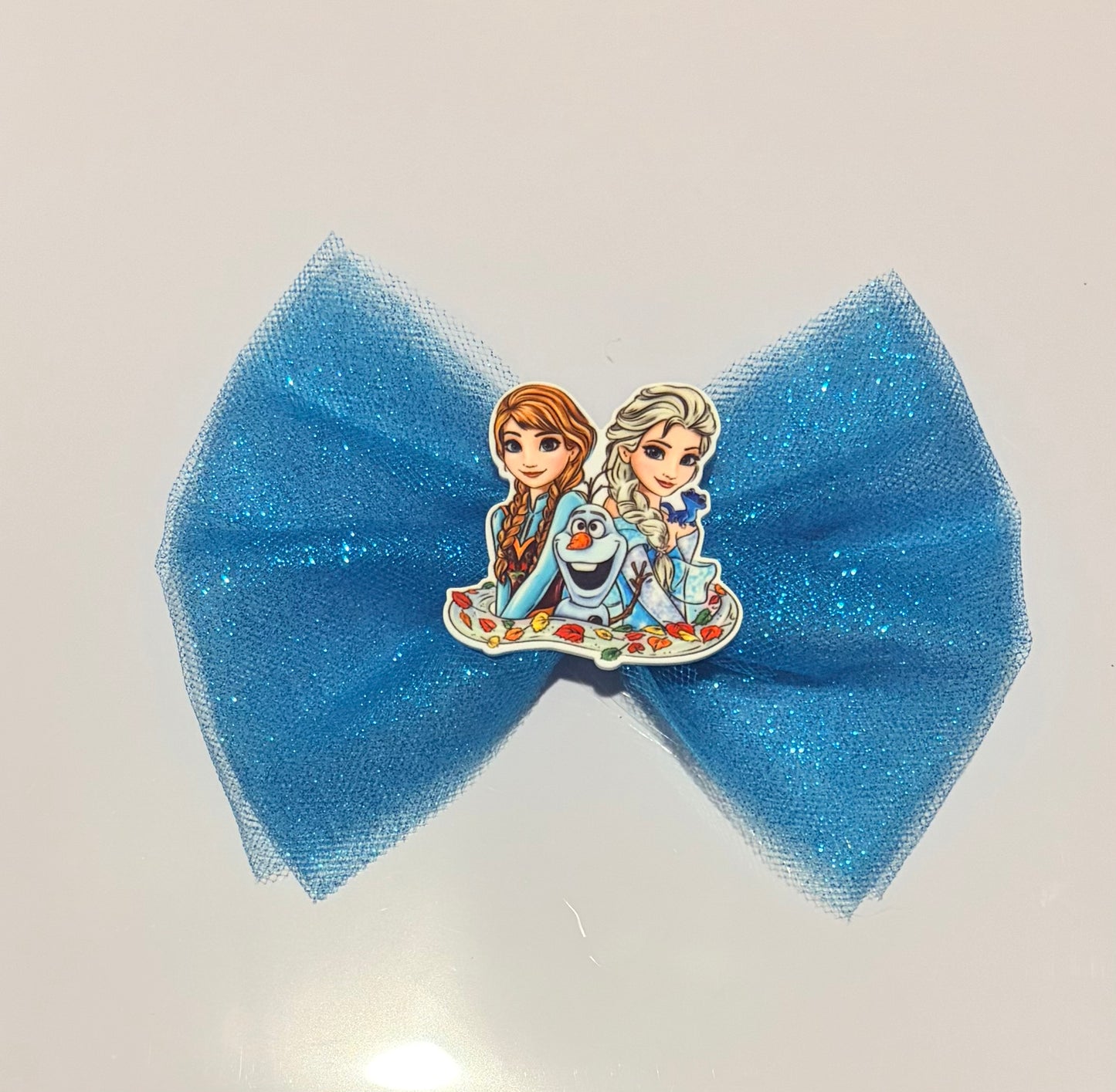 Frozen Inspired Elsa & Anna Tulle Hair Bow | 6 Inch Blue Glitter Tulle Hair Bow | Handmade Girls Princess Hair Accessory