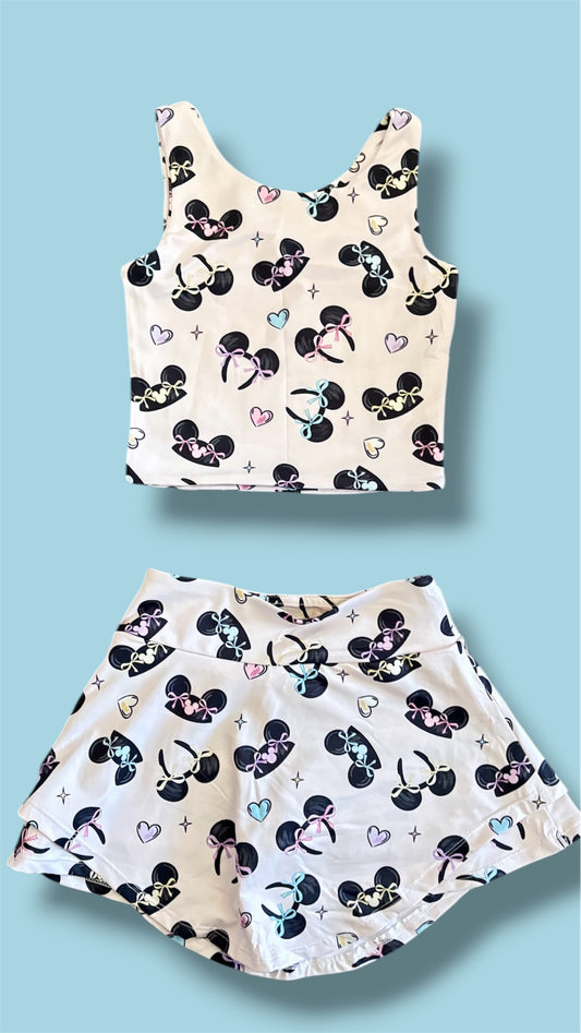 Bow Mouse Skort Set – Girls Magical Activewear Set 🖤  Girls Two Piece Outfit | Built-In Shorts Skirt | Slight Crop Tank | Theme Park Outfit | Boutique Girls Clothing