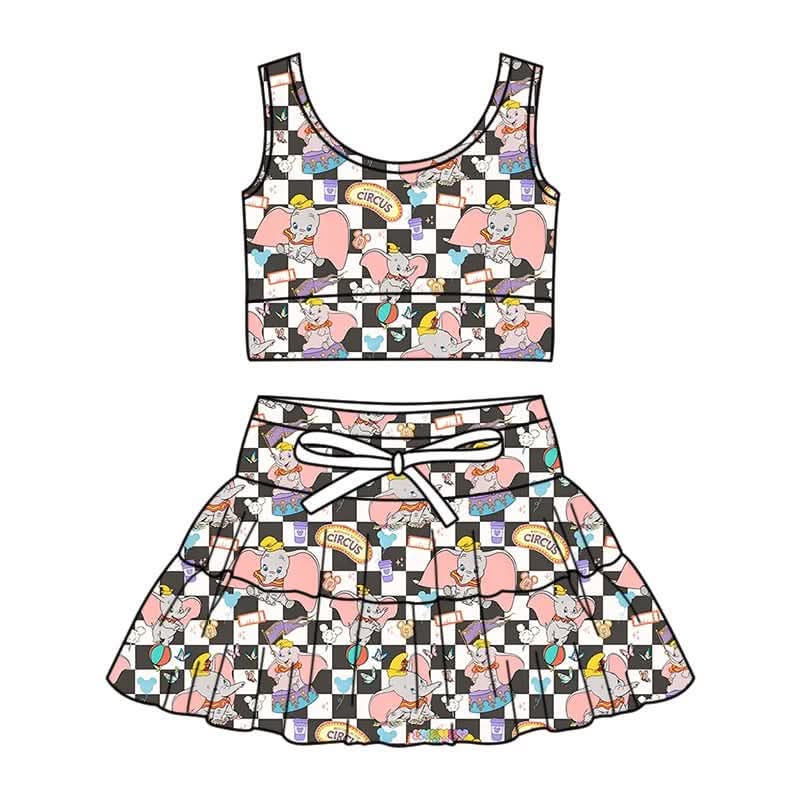 Dumbo Twirl Girls’ Yoga Skirt Set | 2 Piece Activewear Outfit | Circus Elephant Tank Top & Twirl Skirt | Magical Park Outfit