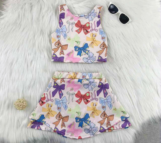 Girls Princess Bow Yoga Set – Pink Tank Top & Skirt with Built In Shorts Activewear