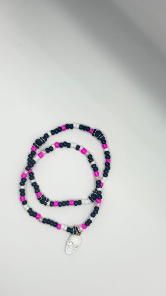 Spooky Season Beaded Bracelet | Handmade Pink Halloween Skull Stretch Bracelet | Girly Goth Stackable Jewelry | Theme Park Accessory