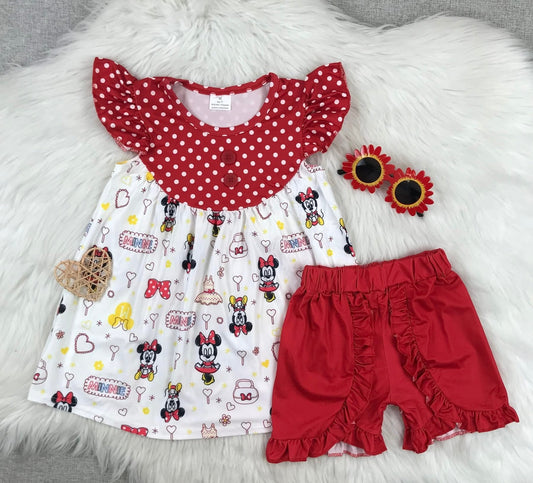 Minnie Mouse Girls Ruffle Shorts Set | Red Polka Dot Flutter Sleeve Boutique Outfit | Soft & Comfy Summer Outfit