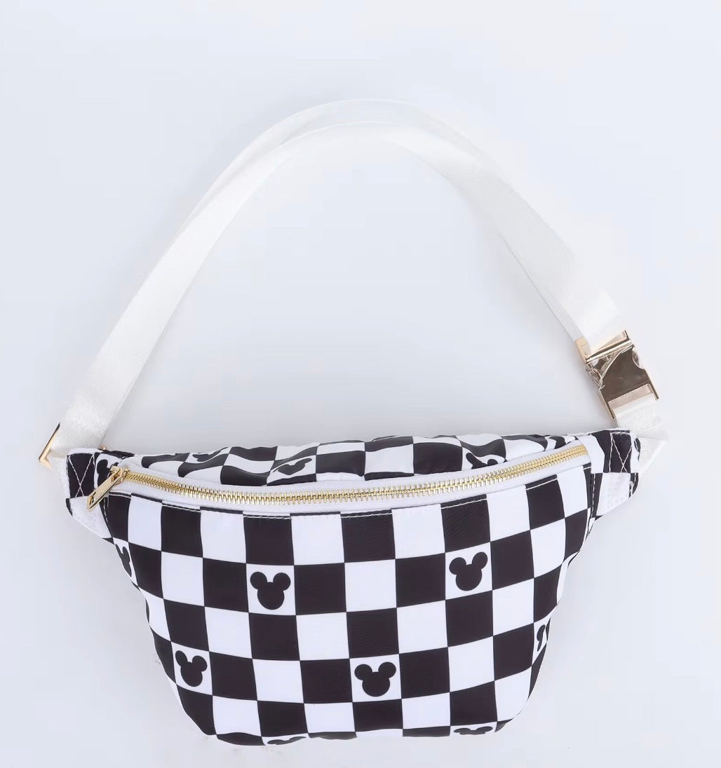 Black Magical Mouse Checkered Character Belt Bag | Crossbody Fanny Pack for Women & Girls, Theme Park Travel Bag, Cute Festival Waist Bag