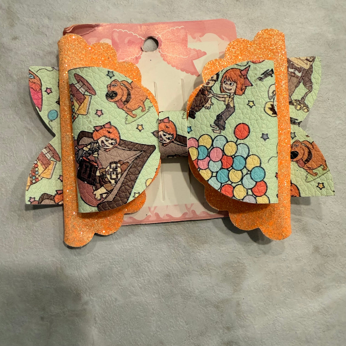 4” Up Adventure Hair Bow | Kevin, Carl & Ellie Character Print | Orange Glitter Handmade Girls Bow