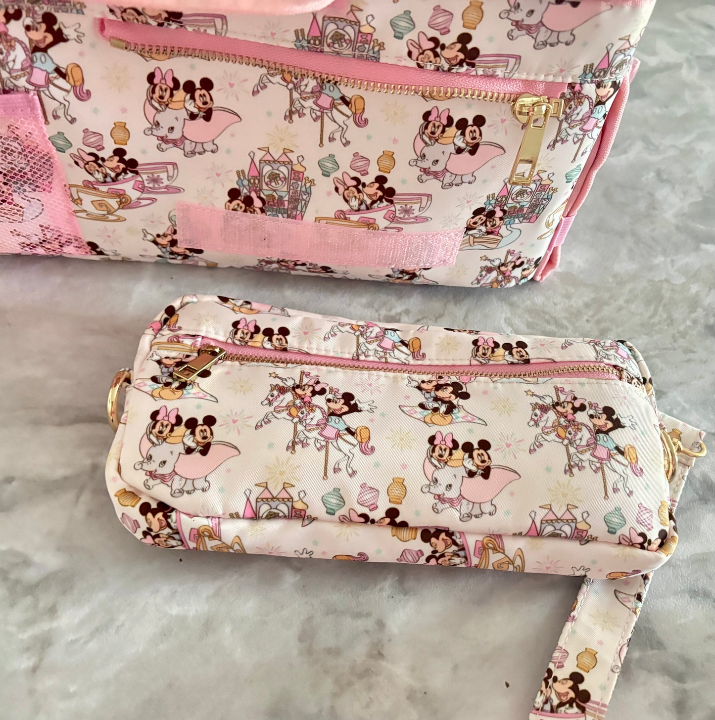 Pink Magical Main Street Stroller Caddy Organizer with Insulated Cup Holders | Detachable Wristlet | Universal Stroller & Wagon Organizer