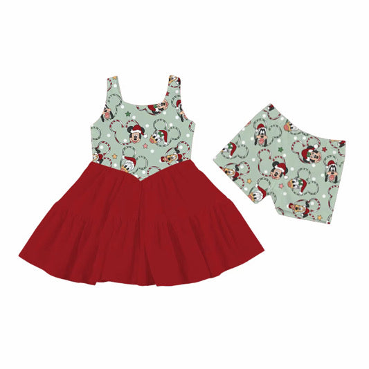Holiday Mickey Twirl Dress Set for Girls | Christmas Mouse Dress with Matching Shorts | Festive Holiday Outfit