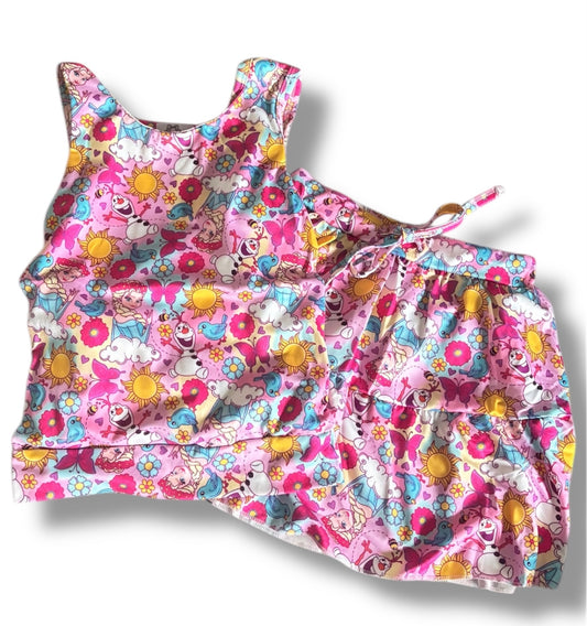 Frozen Inspired Girls Activewear Set – Olaf & Ice Queen Pink Tank Top and Built-In Shorts Skirt Set – Toddler & Girls Boutique Outfit