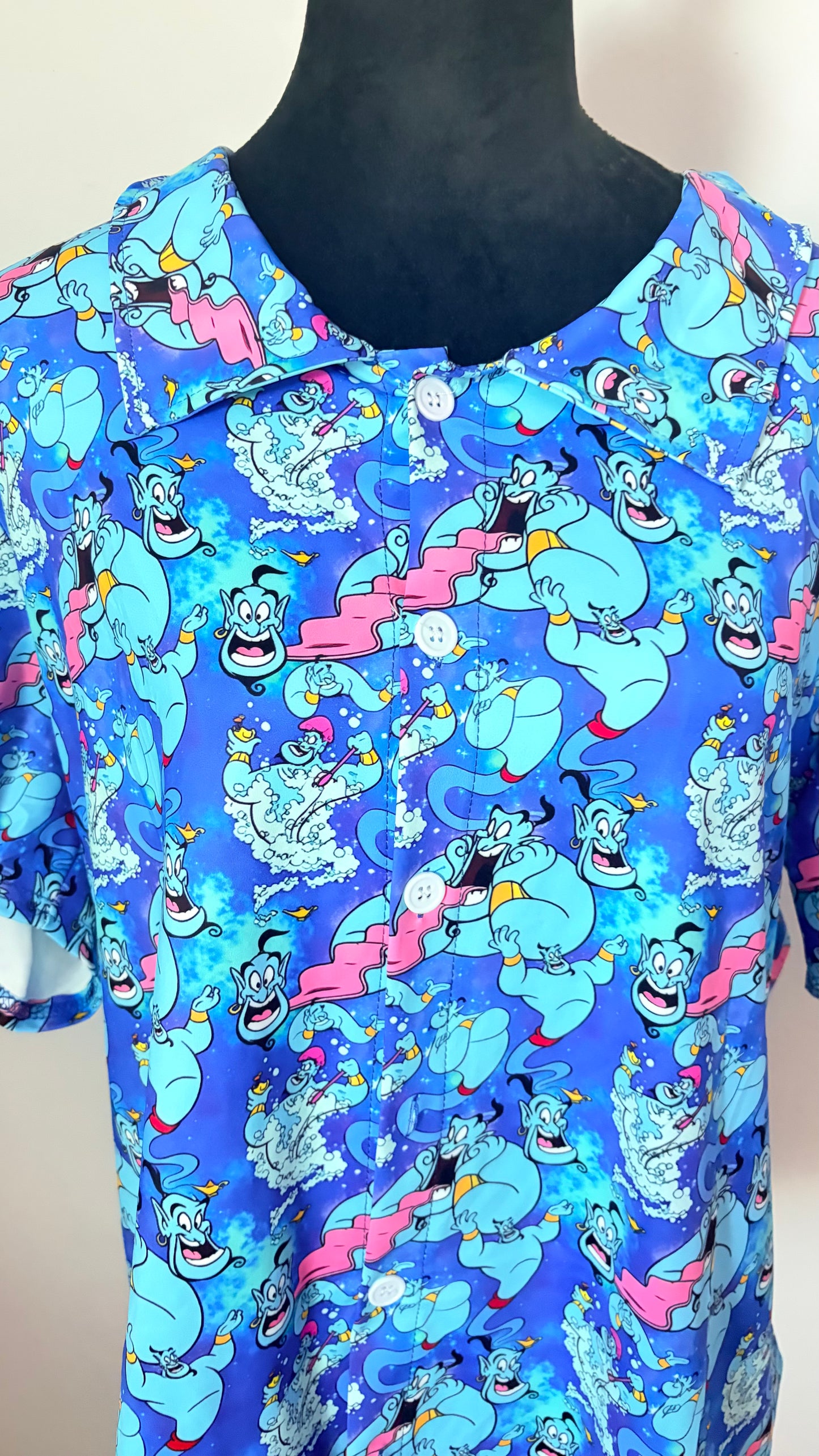 Men’s Blue Genie Inspired Button Down Shirt | Magical Vacation Hawaiian Shirt | Family Matching Theme Park Shirt | Short Sleeve Collared Resort Top