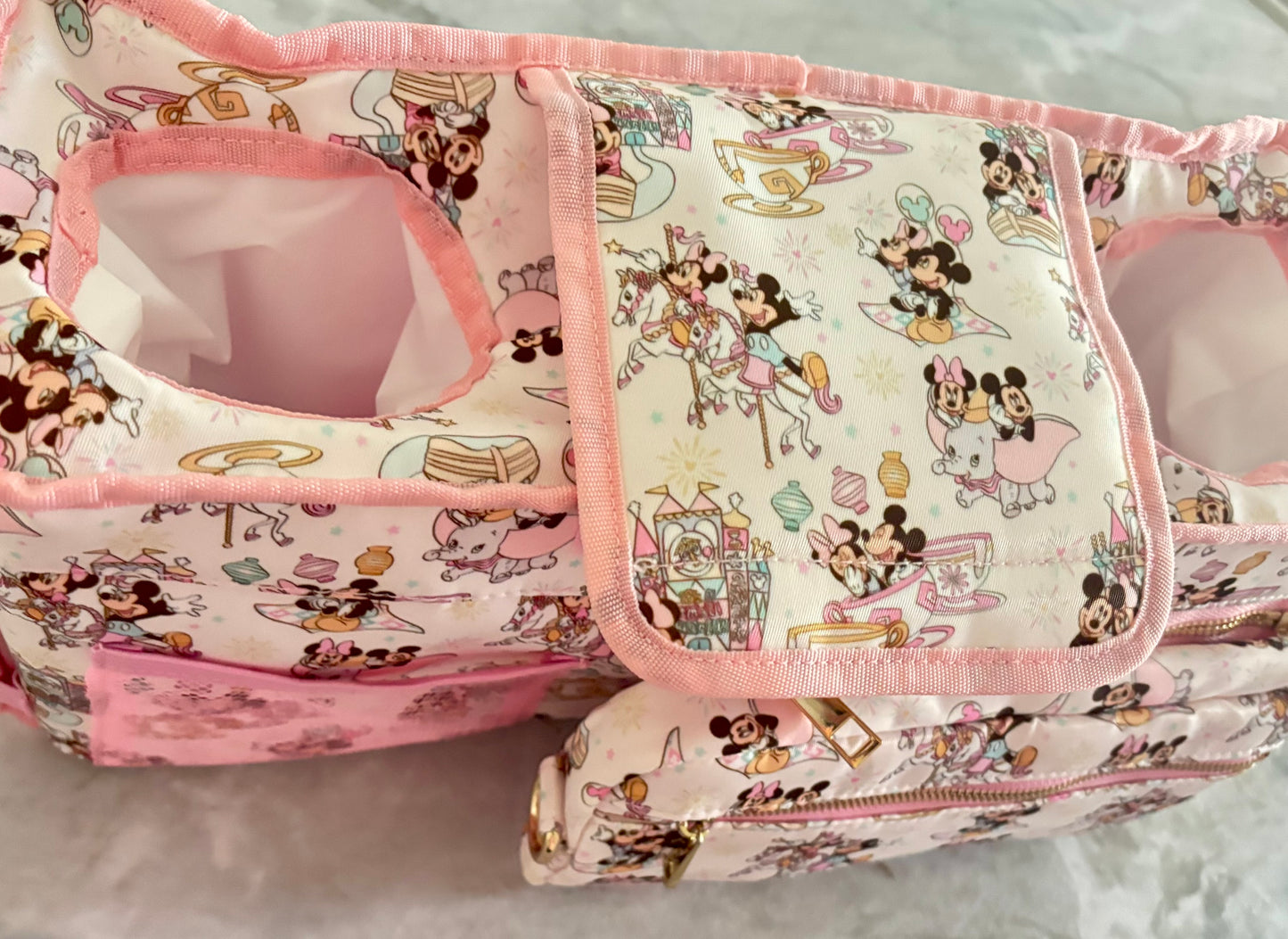 Pink Magical Main Street Stroller Caddy Organizer with Insulated Cup Holders | Detachable Wristlet | Universal Stroller & Wagon Organizer
