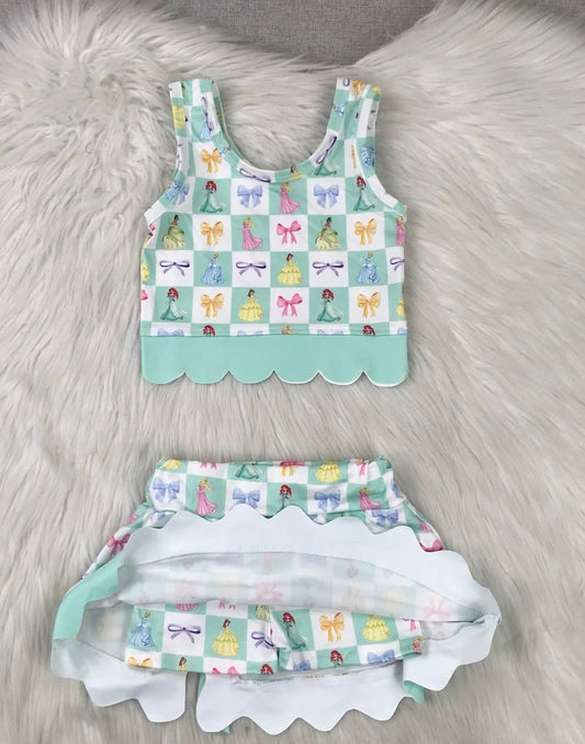 Girls Princess Bow Print Scalloped Tank Top and Skirt Set with Bow, Mint Green Princess Activewear Outfit, Built-In Shorts, Main Street Park Wear