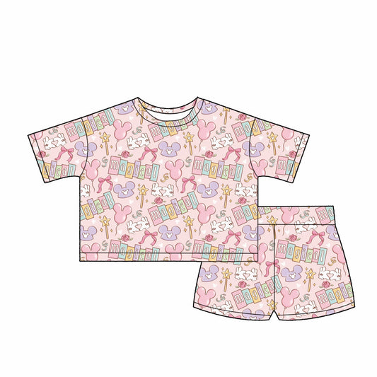 Women’s Magical Pink & Purple Lounge Waffle Set | Magical Bow & Castle-Inspired Print Shorts Set