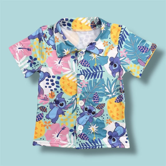Tropical Blue Alien Boys Button Down | Summer Vacation Shirt | Kids Hawaiian Style Shirt | Beach Outfit | Character Inspired Boys Shirt