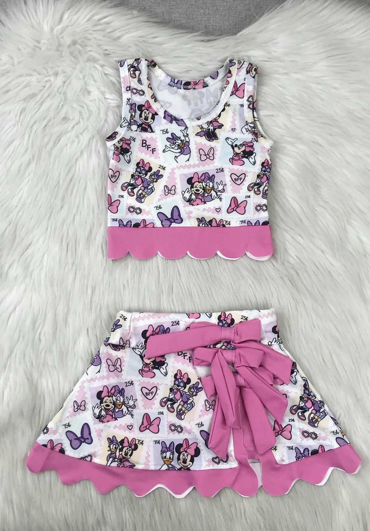Girls Pink Main Street Best Friends Scalloped Tank Top and Bow Skirt Set, Park Outfit, Matching Family Vacation Wear