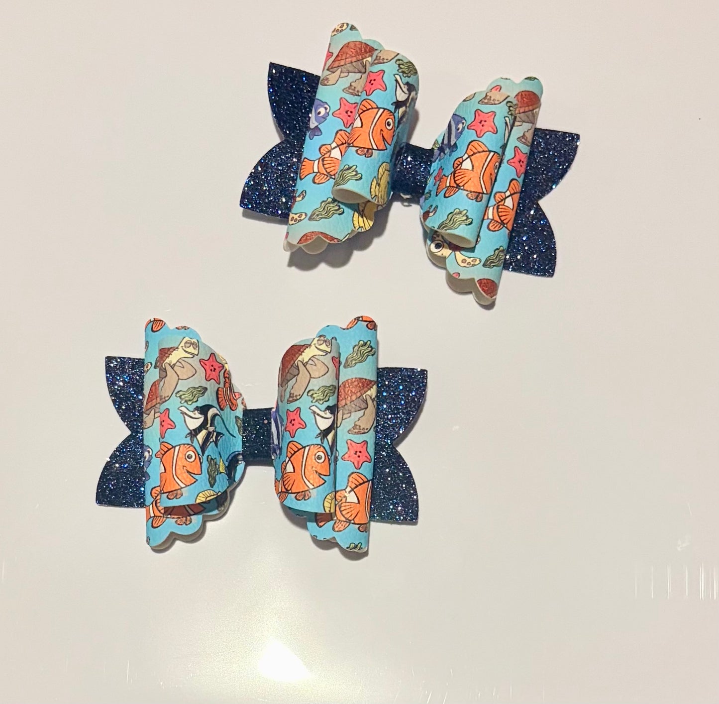 Finding Nemo Inspired Ocean Hair Bow | 4 Inch Handmade Girls Hair Bow | Blue Glitter Disney Inspired Hair Accessory