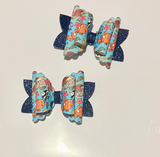 Finding Nemo Inspired Ocean Hair Bow | 4 Inch Handmade Girls Hair Bow | Blue Glitter Disney Inspired Hair Accessory