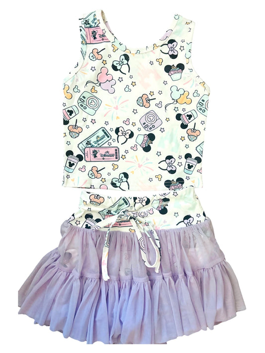 Magical Mom & Me Outfit Set – Pastel Park Print Top + Purple Mesh Skirt/ yoga wear sets/ matching magical sets