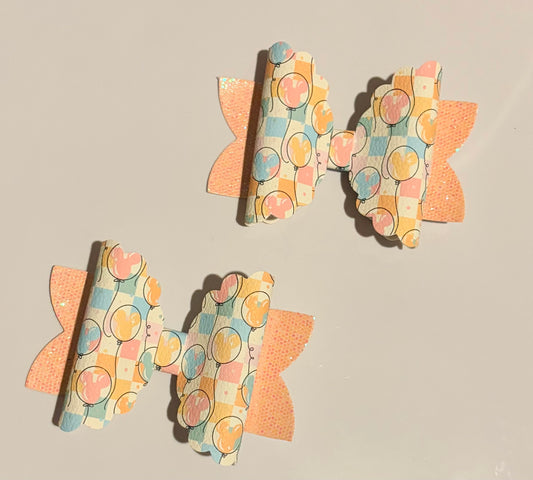 Pastel Mickey Balloon & Checkered Handmade Hair Bow | 4 Inch Bow