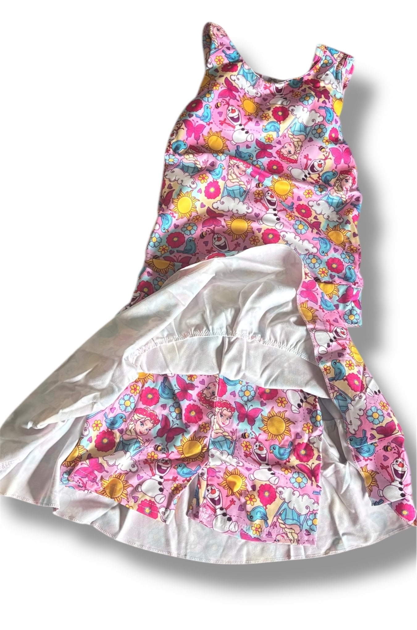 Frozen Inspired Girls Activewear Set – Olaf & Ice Queen Pink Tank Top and Built-In Shorts Skirt Set – Toddler & Girls Boutique Outfit