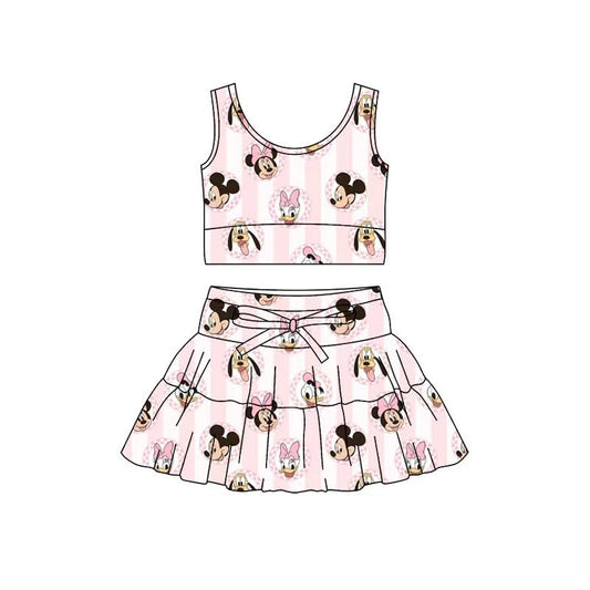 Magical Friends Girls Athletic Skirt Set | Full Length Tank Top & Twirl Skort | Mickey, Minnie, Daisy & Pluto Activewear | Boutique Kids Outfit | Theme Park Outfit | Pink Stripe Set