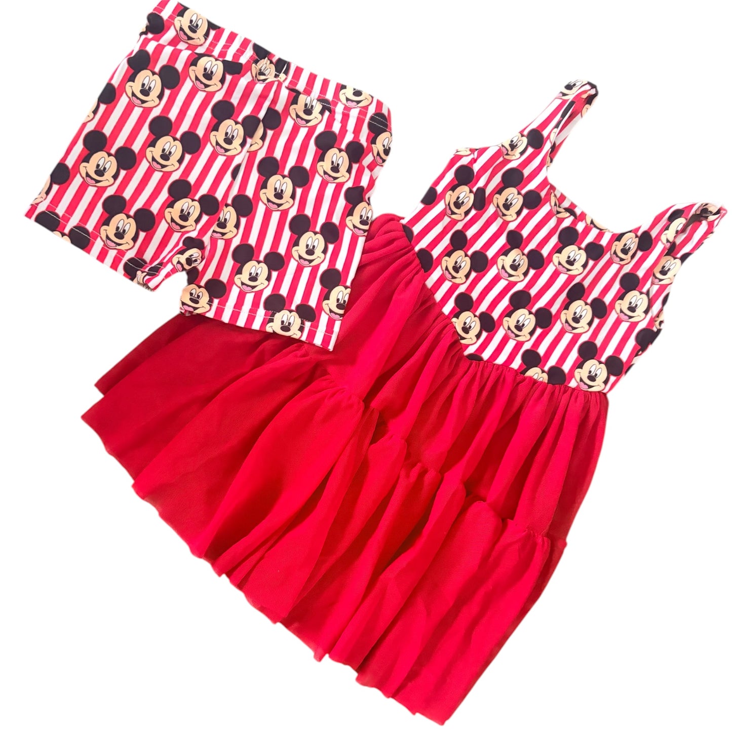 Classic Mouse Red Twirl Dress & Matching Shorts Set | Character Inspired Girls Boutique Outfit | Theme Park Vacation Dress