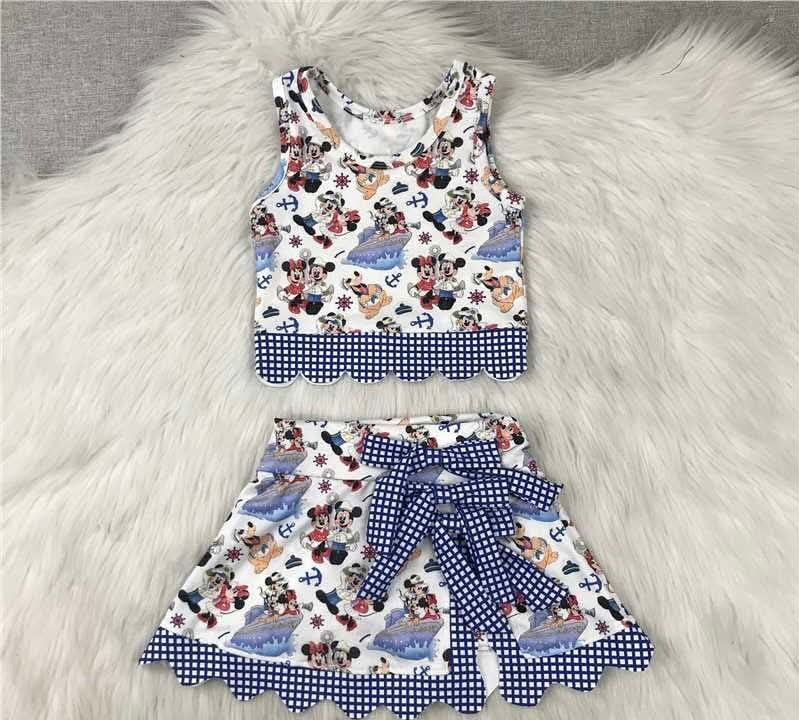 Girls Nautical Character Print Scalloped Tank Top and Bow Skirt Set, Blue Gingham Trim, Cruise Vacation Outfit, Matching Family Cruise Clothing