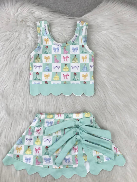 Girls Princess Bow Print Scalloped Tank Top and Skirt Set with Bow, Mint Green Princess Activewear Outfit, Built-In Shorts, Main Street Park Wear